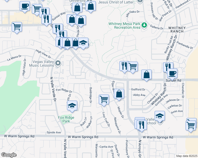 map of restaurants, bars, coffee shops, grocery stores, and more near 1771-1857 West Sunset Road in Henderson