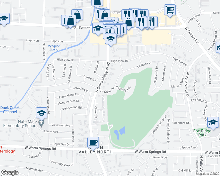 map of restaurants, bars, coffee shops, grocery stores, and more near 3016 La Mesa Drive in Henderson