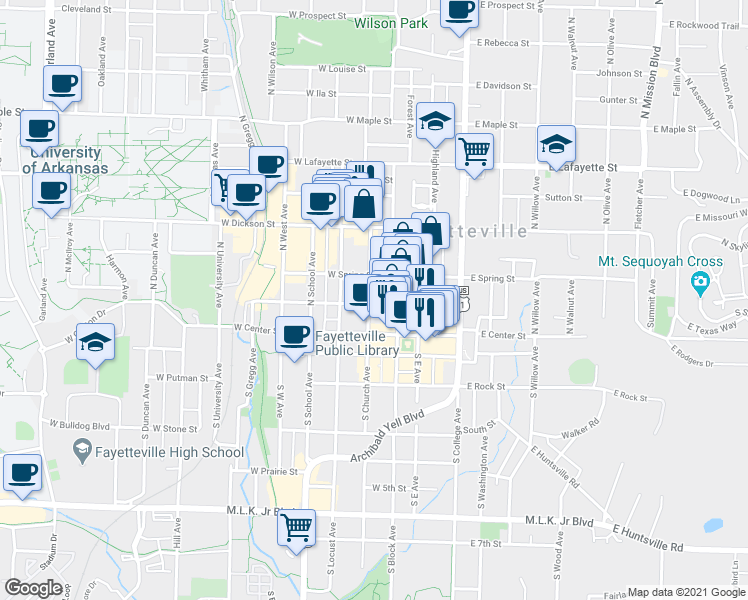 map of restaurants, bars, coffee shops, grocery stores, and more near 124 West Meadow Street in Fayetteville