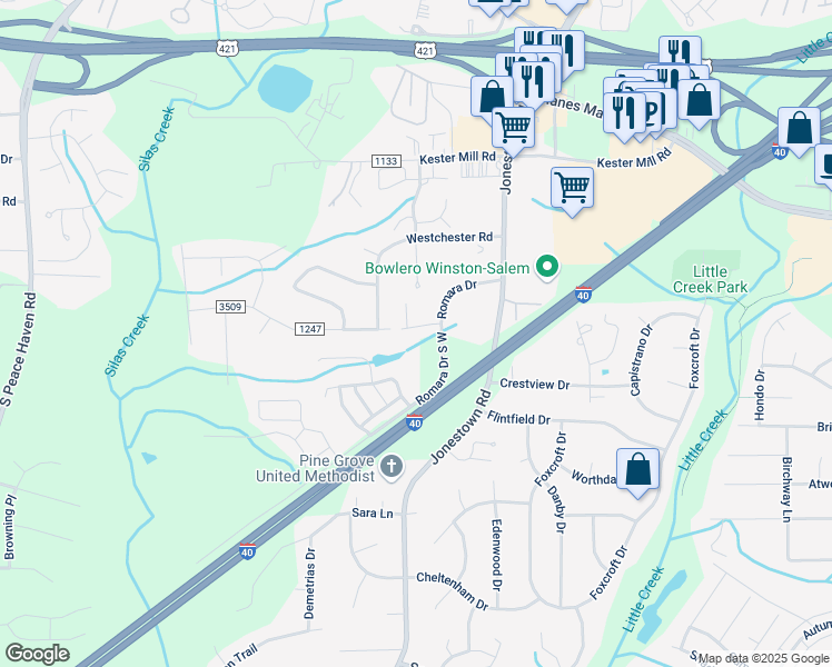 map of restaurants, bars, coffee shops, grocery stores, and more near 4855 Sterling Brooke Lane in Winston-Salem