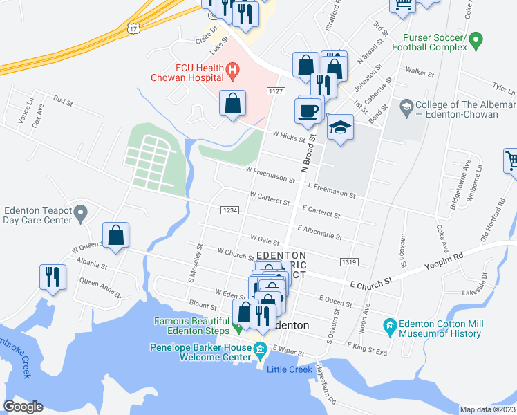 map of restaurants, bars, coffee shops, grocery stores, and more near 123 West Carteret Street in Edenton