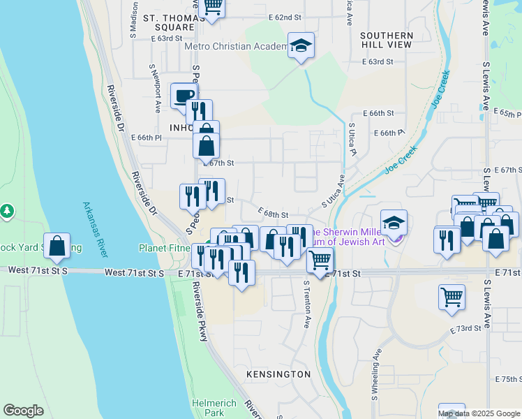 map of restaurants, bars, coffee shops, grocery stores, and more near 1514 East 67th Court in Tulsa