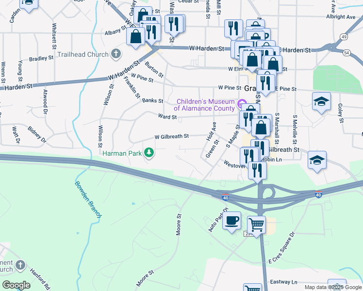 map of restaurants, bars, coffee shops, grocery stores, and more near 417 Gates Avenue in Graham