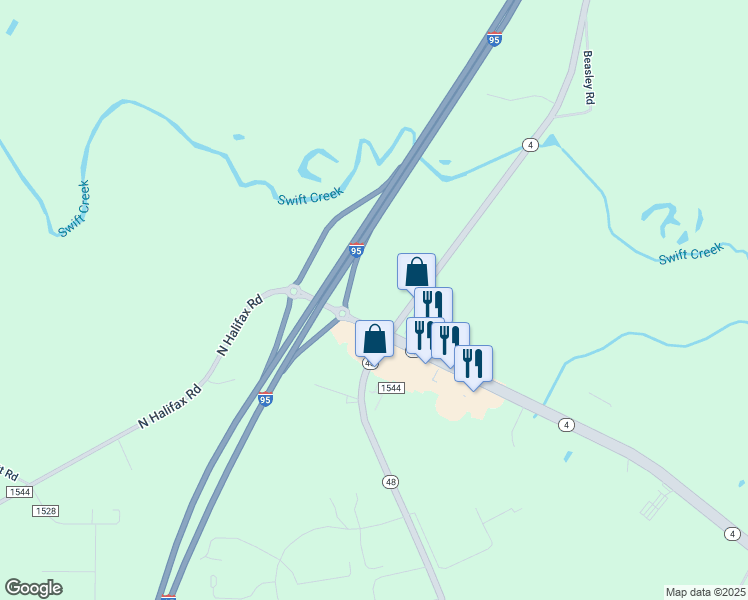 map of restaurants, bars, coffee shops, grocery stores, and more near 7688 North Carolina 48 in Nash County