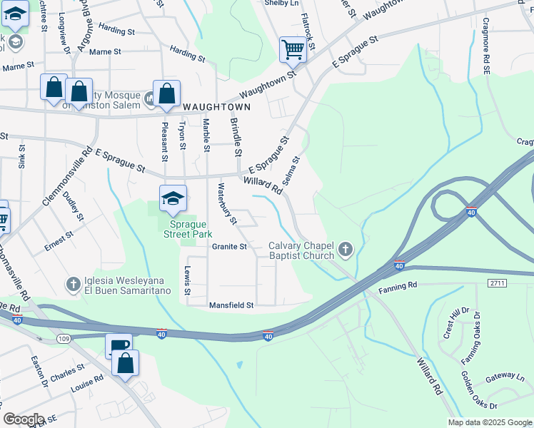map of restaurants, bars, coffee shops, grocery stores, and more near Glascoe Street in Winston-Salem