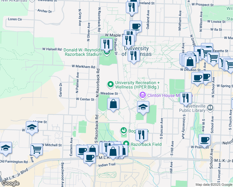 map of restaurants, bars, coffee shops, grocery stores, and more near 600 Meadow Street in Fayetteville