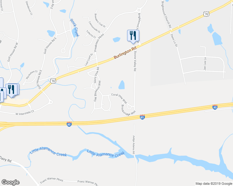 map of restaurants, bars, coffee shops, grocery stores, and more near 6445 Coral Vine Way in Whitsett