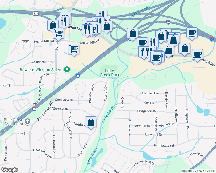 map of restaurants, bars, coffee shops, grocery stores, and more near 602 Foxcroft Drive in Winston-Salem