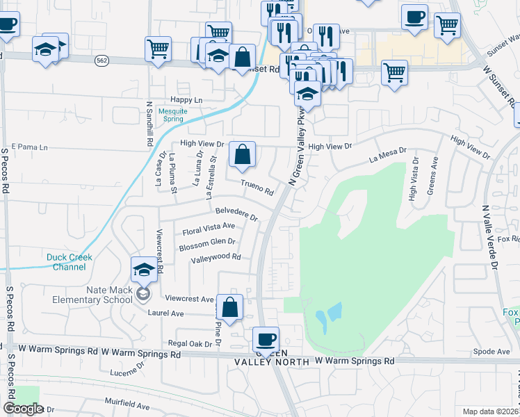map of restaurants, bars, coffee shops, grocery stores, and more near 3112 Trueno Road in Henderson