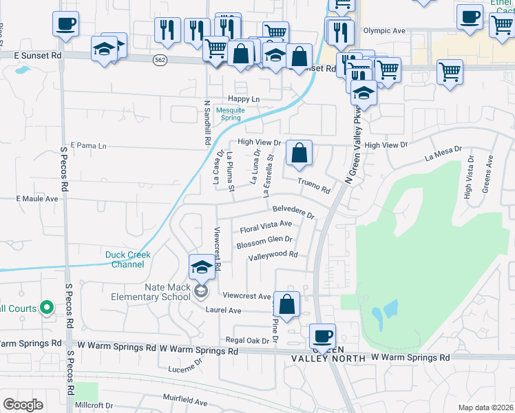 map of restaurants, bars, coffee shops, grocery stores, and more near 3143 La Mesa Drive in Henderson