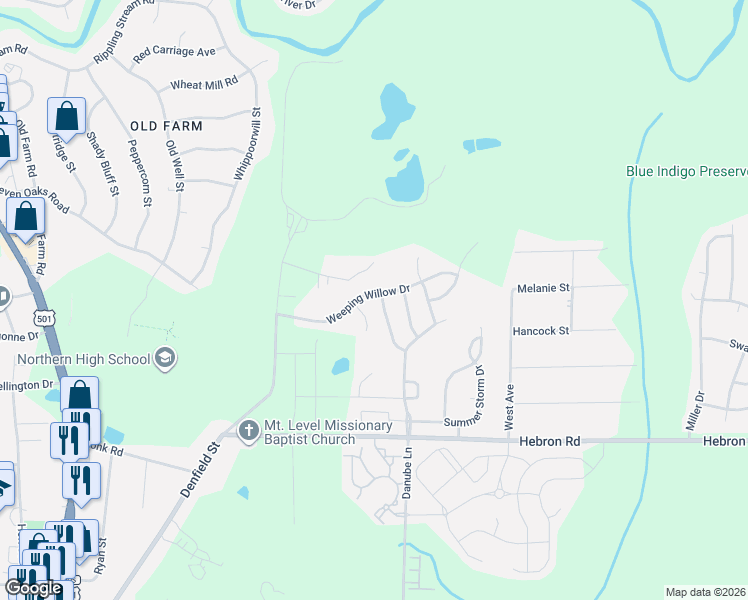 map of restaurants, bars, coffee shops, grocery stores, and more near 505 Weeping Willow Drive in Durham