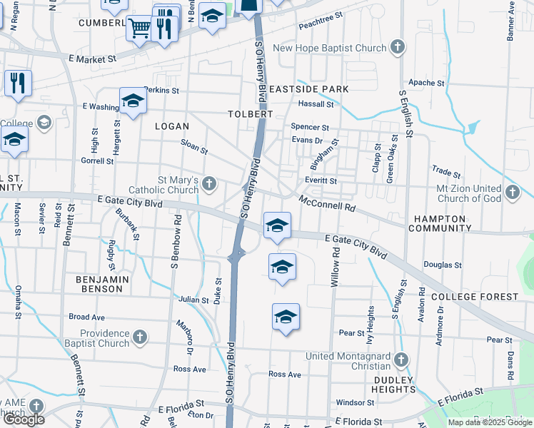 map of restaurants, bars, coffee shops, grocery stores, and more near 917 Hackett Street in Greensboro
