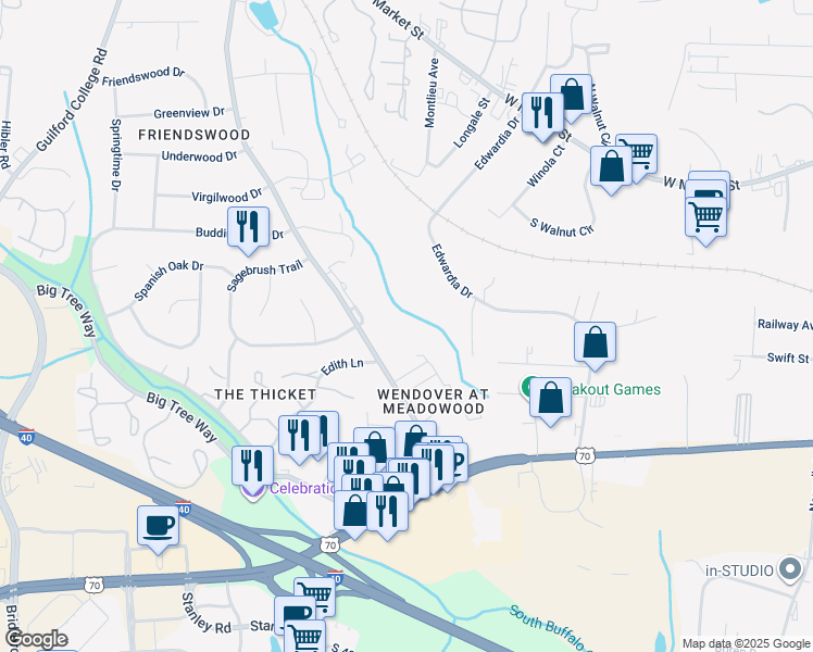 map of restaurants, bars, coffee shops, grocery stores, and more near 801 Meadowood St in Greensboro
