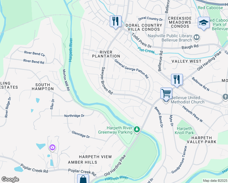 map of restaurants, bars, coffee shops, grocery stores, and more near 9128 Sawyer Brown Road in Nashville