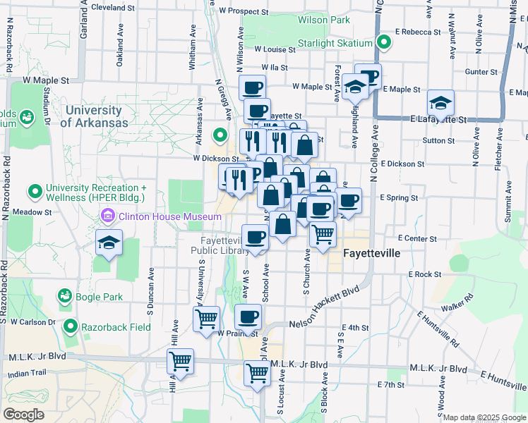 map of restaurants, bars, coffee shops, grocery stores, and more near 313 West Spring Street in Fayetteville