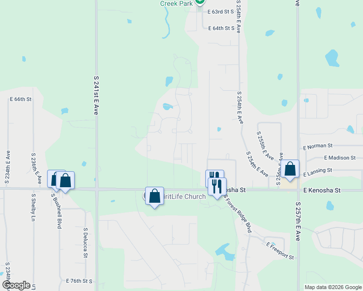 map of restaurants, bars, coffee shops, grocery stores, and more near South 249th East Avenue in Broken Arrow