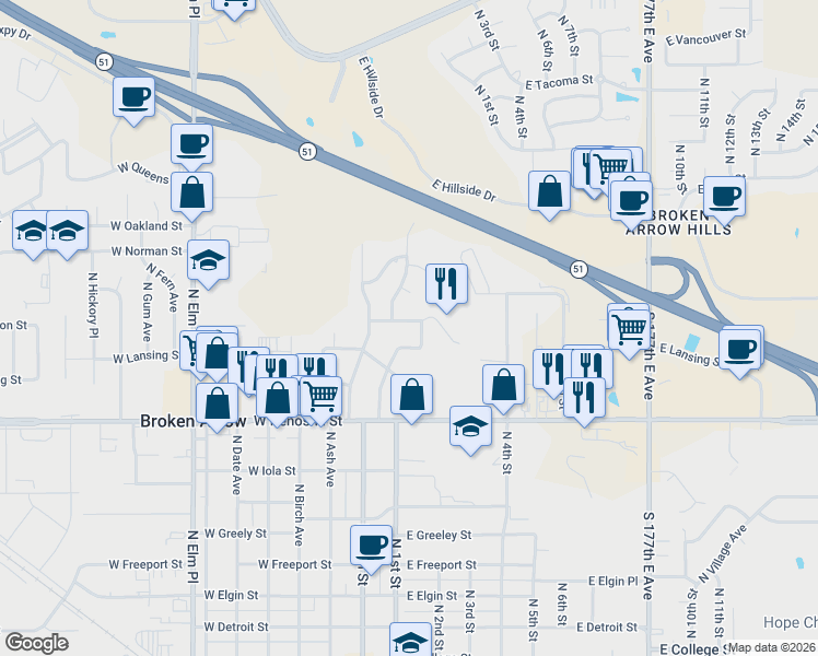 map of restaurants, bars, coffee shops, grocery stores, and more near 118 East Madison Street North in Broken Arrow