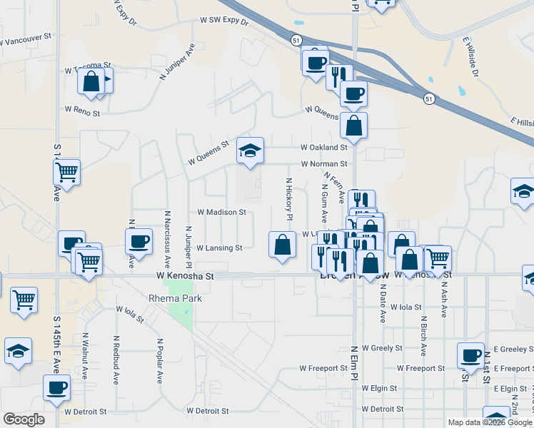 map of restaurants, bars, coffee shops, grocery stores, and more near 1131 North Hickory Drive in Broken Arrow