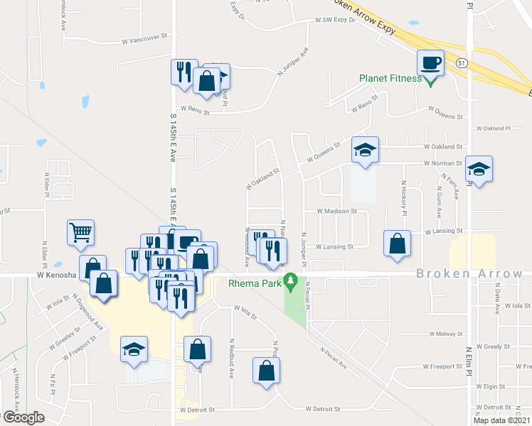 map of restaurants, bars, coffee shops, grocery stores, and more near 1500 West Madison Street in Broken Arrow