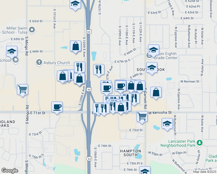 map of restaurants, bars, coffee shops, grocery stores, and more near 1099 South 107th East Avenue in Tulsa