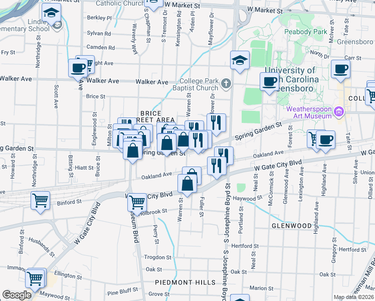 map of restaurants, bars, coffee shops, grocery stores, and more near Warren Street in Greensboro