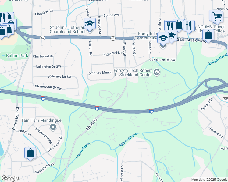 map of restaurants, bars, coffee shops, grocery stores, and more near 2118 Bromley Park Drive in Winston-Salem