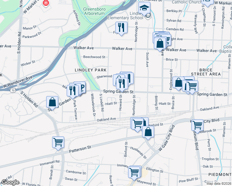 map of restaurants, bars, coffee shops, grocery stores, and more near in Greensboro