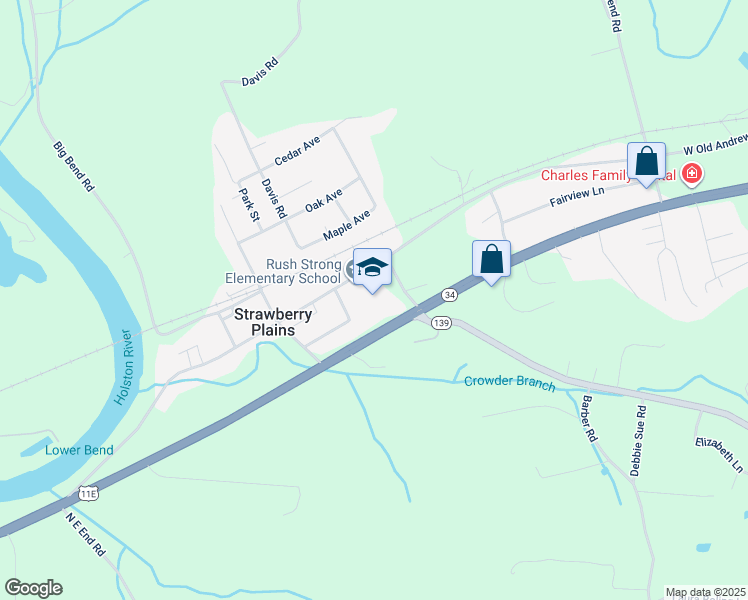 map of restaurants, bars, coffee shops, grocery stores, and more near 3081 West Old Andrew Johnson Highway in Strawberry Plains