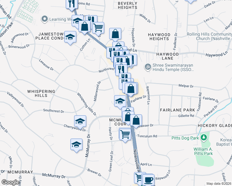 map of restaurants, bars, coffee shops, grocery stores, and more near 4821 Nolensville Pike in Nashville
