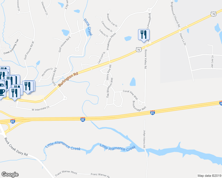 map of restaurants, bars, coffee shops, grocery stores, and more near 1108 Glory Vine Road in Whitsett