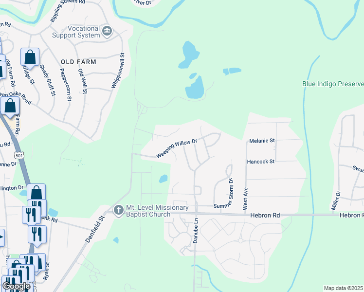 map of restaurants, bars, coffee shops, grocery stores, and more near 410 Weeping Willow Drive in Durham