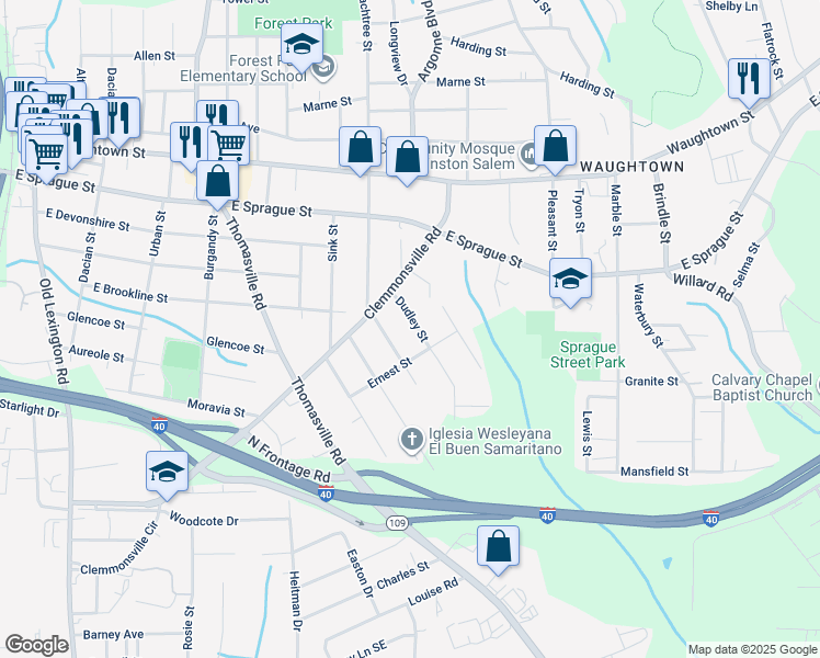 map of restaurants, bars, coffee shops, grocery stores, and more near 2634 Dudley Street in Winston-Salem