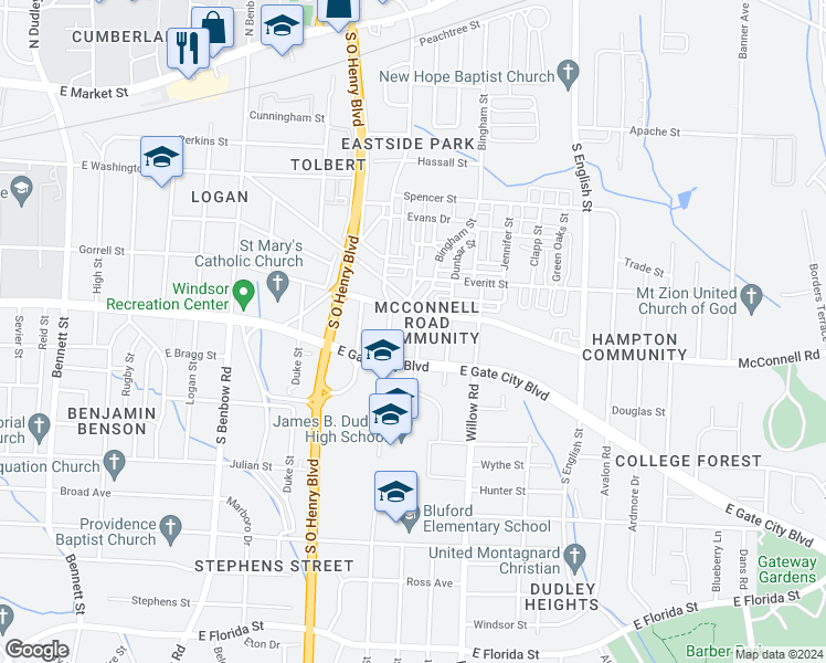 map of restaurants, bars, coffee shops, grocery stores, and more near 908 Pichard Street in Greensboro