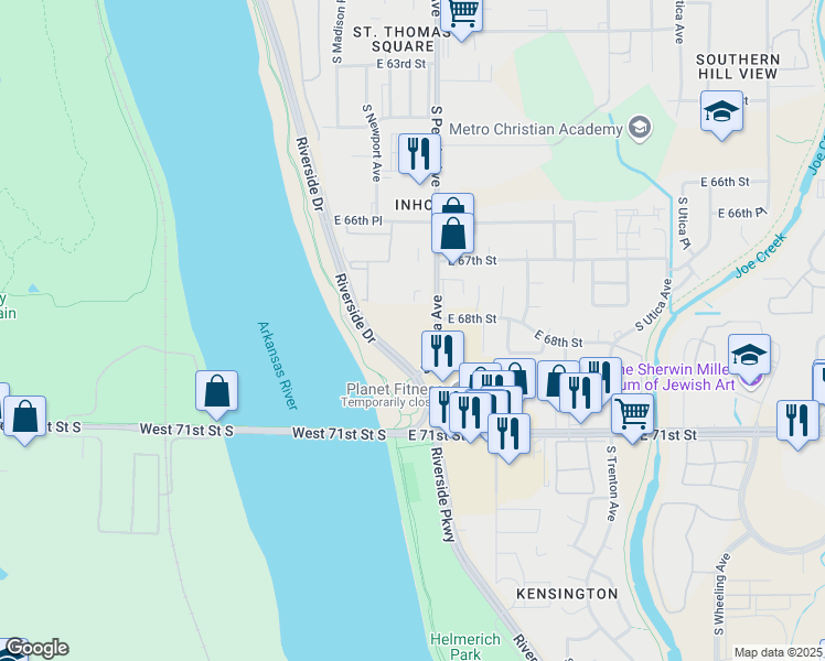 map of restaurants, bars, coffee shops, grocery stores, and more near 6720 South Peoria Avenue in Tulsa
