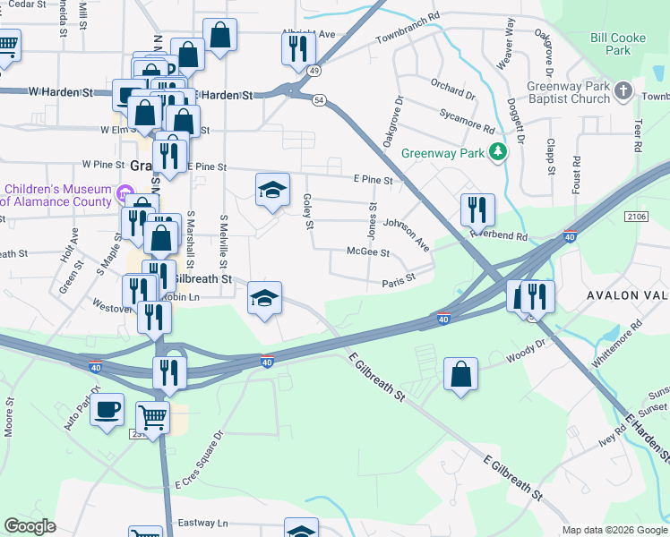 map of restaurants, bars, coffee shops, grocery stores, and more near 500-598 Park Dr in Graham