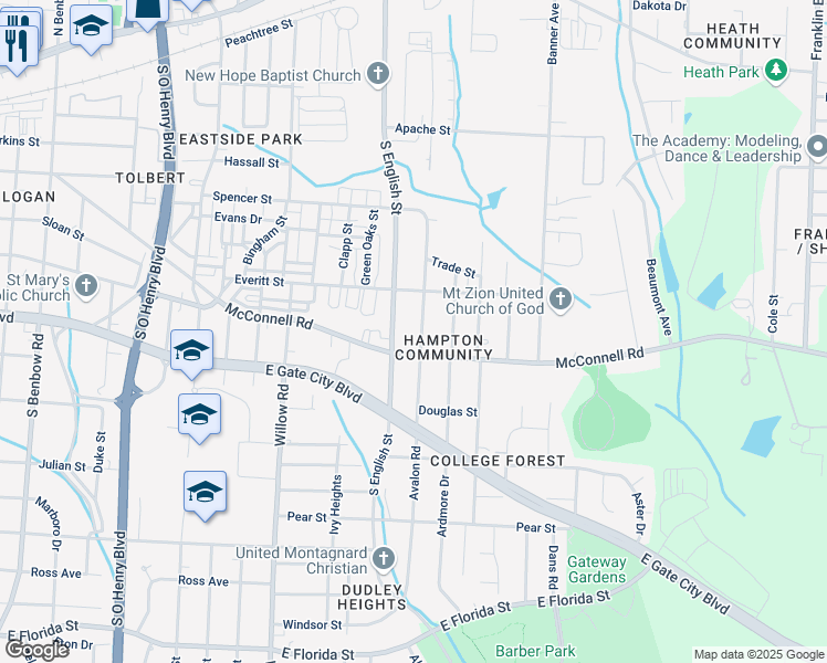 map of restaurants, bars, coffee shops, grocery stores, and more near 1012 Avalon Road in Greensboro