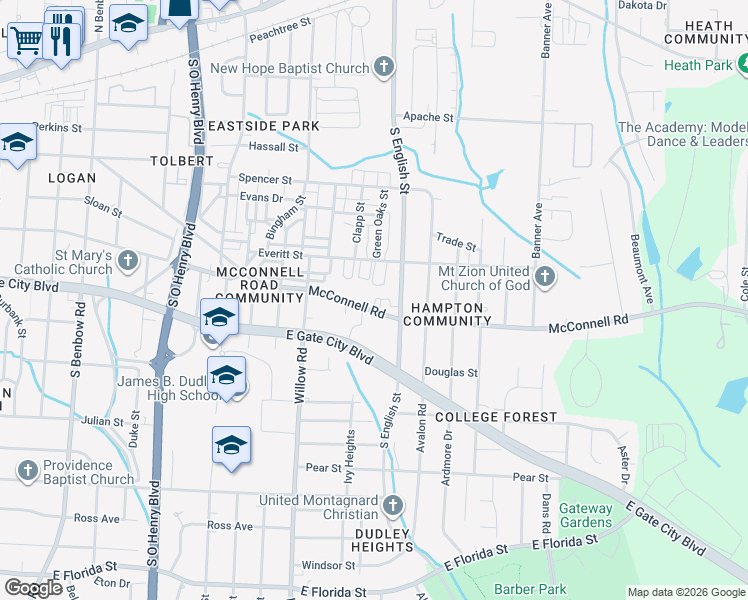 map of restaurants, bars, coffee shops, grocery stores, and more near 2130 Everitt Street in Greensboro