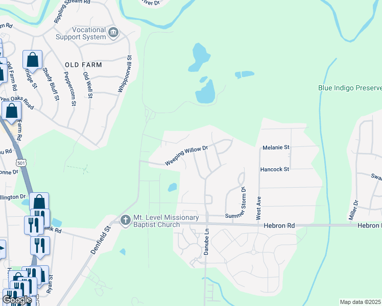map of restaurants, bars, coffee shops, grocery stores, and more near 410 Weeping Willow Drive in Durham