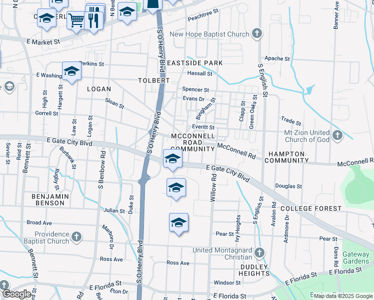 map of restaurants, bars, coffee shops, grocery stores, and more near in Greensboro