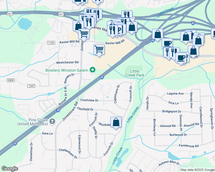 map of restaurants, bars, coffee shops, grocery stores, and more near 964 Benjamins Way in Winston-Salem