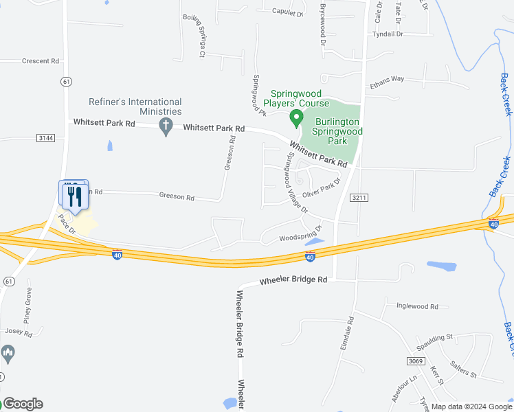 map of restaurants, bars, coffee shops, grocery stores, and more near 1619 Daisy Park Drive in Whitsett