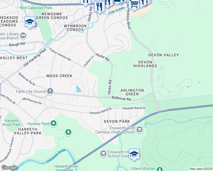map of restaurants, bars, coffee shops, grocery stores, and more near 165 Hicks Road in Nashville