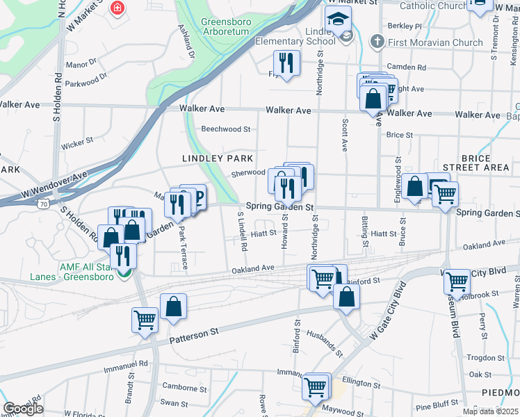 map of restaurants, bars, coffee shops, grocery stores, and more near 2529 Spring Garden Street in Greensboro
