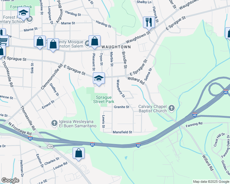 map of restaurants, bars, coffee shops, grocery stores, and more near 2334 Waterbury Street in Winston-Salem