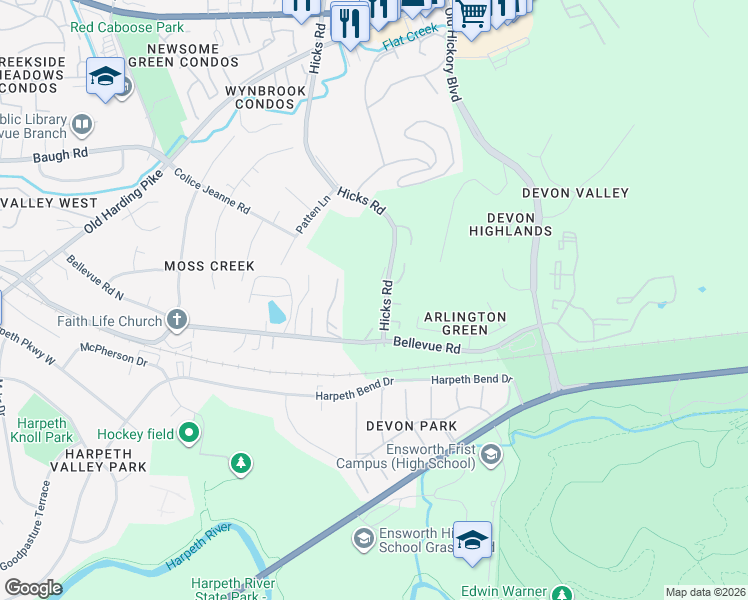 map of restaurants, bars, coffee shops, grocery stores, and more near 155 Hicks Road in Nashville