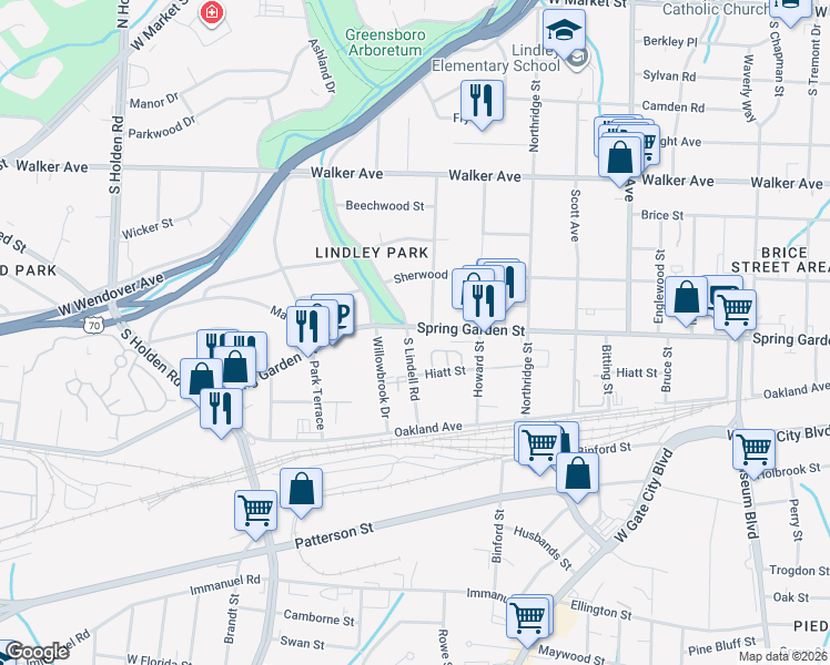 map of restaurants, bars, coffee shops, grocery stores, and more near 2600 Spring Garden Street in Greensboro