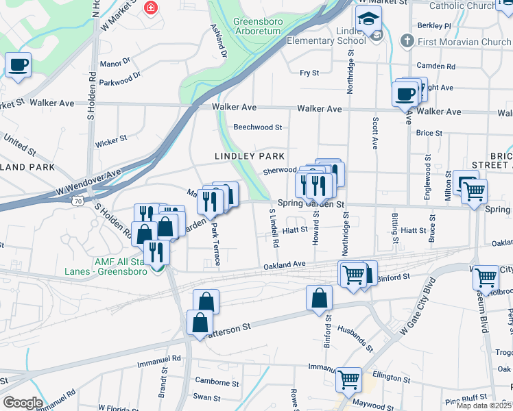 map of restaurants, bars, coffee shops, grocery stores, and more near 2731 Spring Garden Street in Greensboro