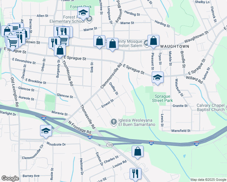 map of restaurants, bars, coffee shops, grocery stores, and more near 2634 Dudley Street in Winston-Salem