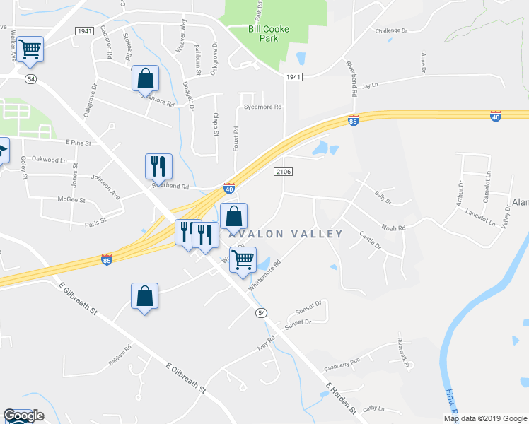 map of restaurants, bars, coffee shops, grocery stores, and more near 2230 Waterside Circle in Graham