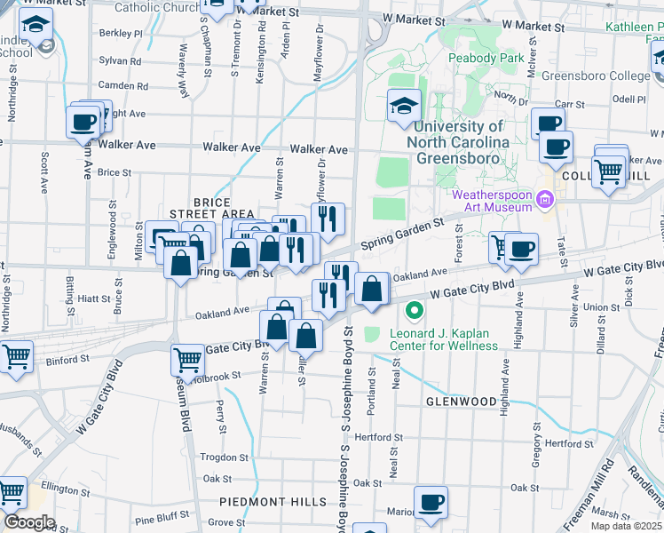 map of restaurants, bars, coffee shops, grocery stores, and more near in Greensboro